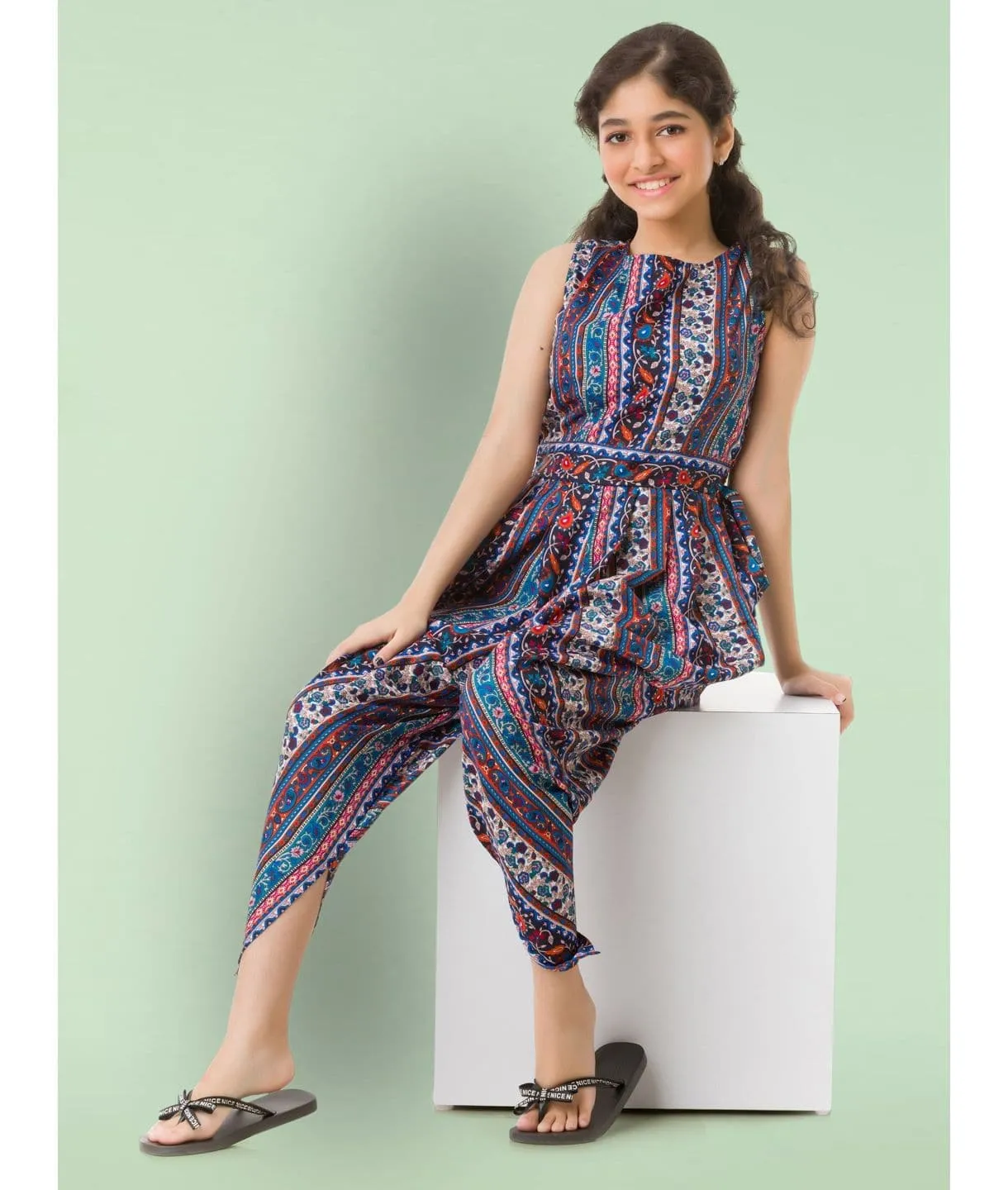 Multi colour elasticated Dhoti Jumpsuit for Girls