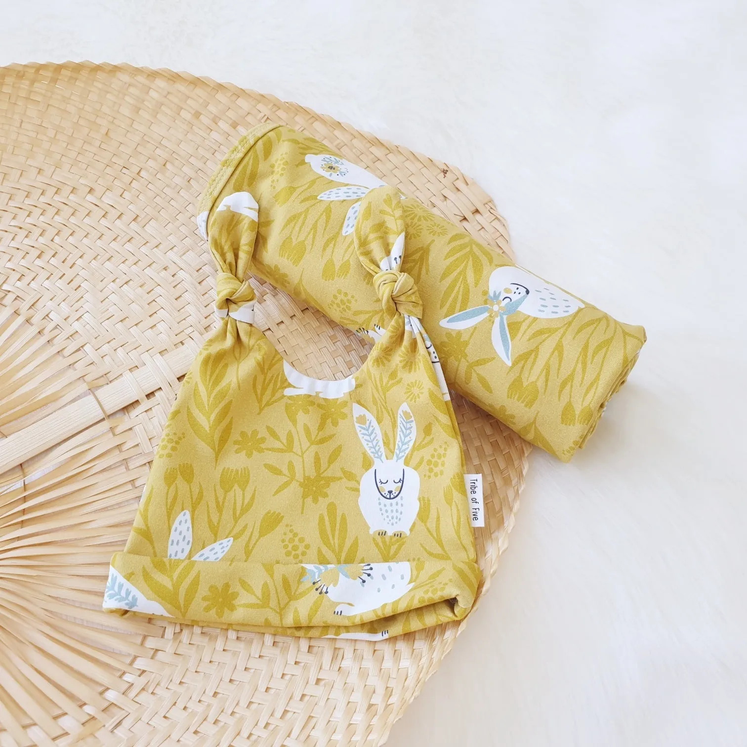 Mustard Bunny Beanie Swaddle Set