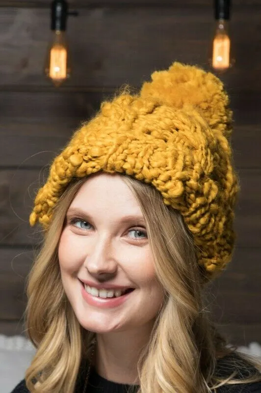 Mustard Hand Knit Chunky Cable Beanie Winter Pompom Hat Womens