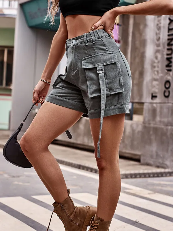 New American Denim Overalls Casual Pocket Shorts Elastic Waist