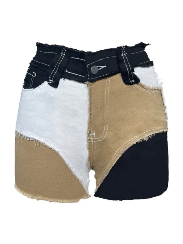 New multi-color high elastic skinny color-block bearded women's denim shorts