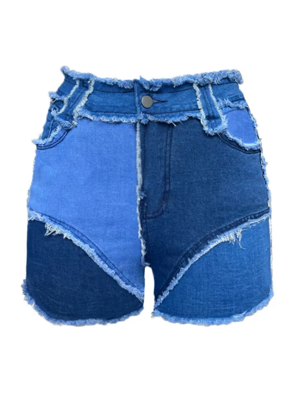 New multi-color high elastic skinny color-block bearded women's denim shorts