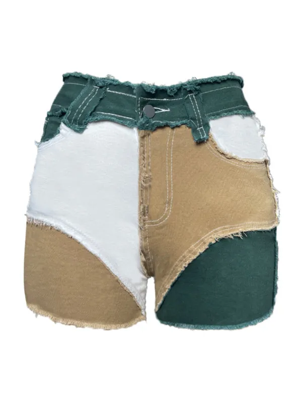 New multi-color high elastic skinny color-block bearded women's denim shorts