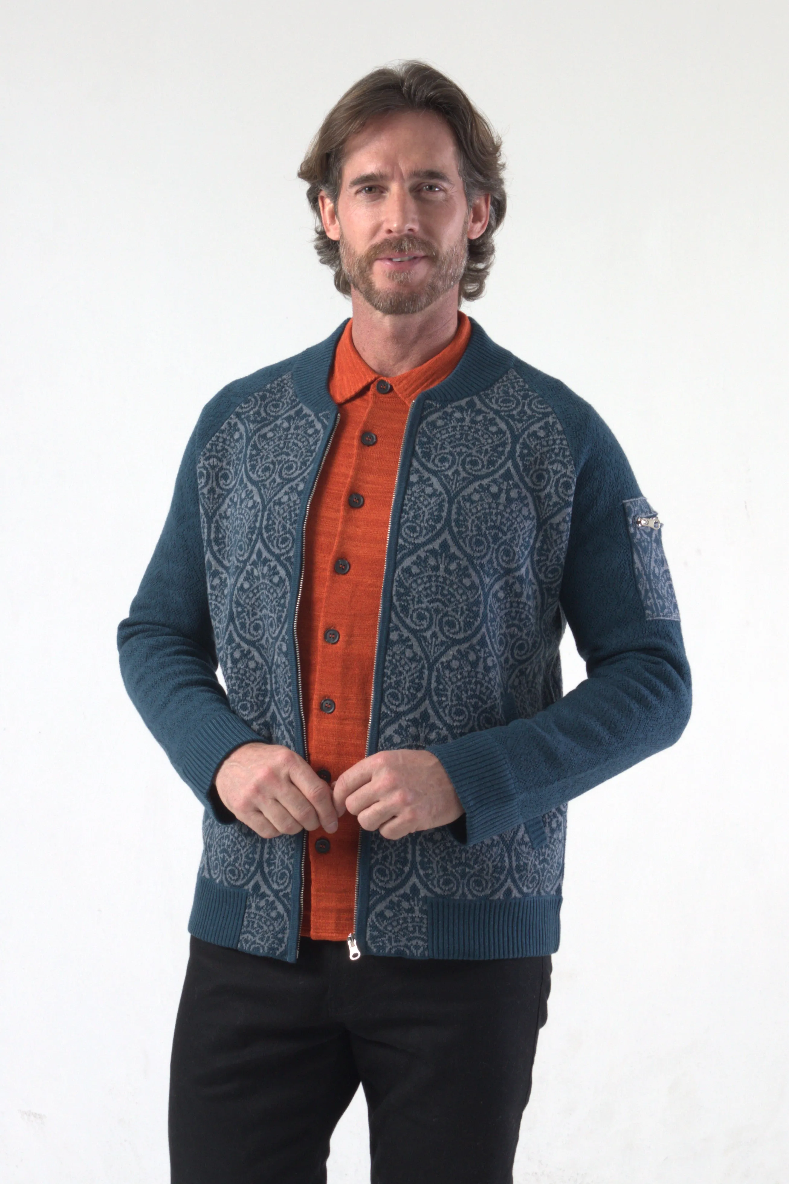 Paisley Pattern Jacquard Knit Bomber Jacket