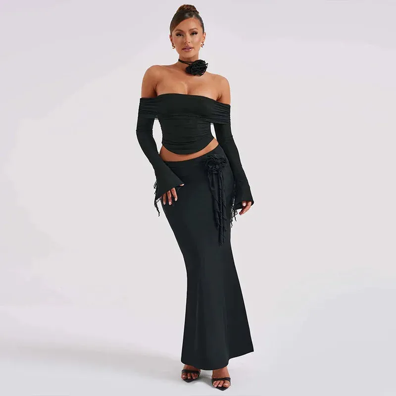 Piece Two Autumn Party Sexy Maxi Set Women Club Mermaid Shoulder Off Dress