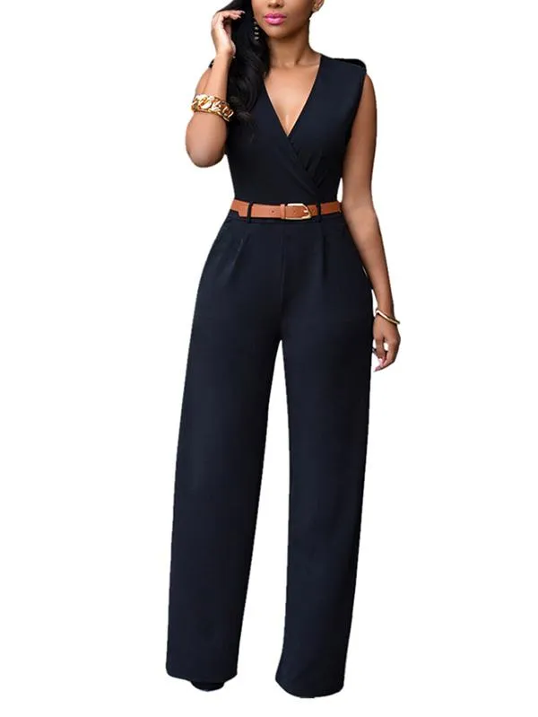 Pinkqueen Womens Wide Leg Jumpsuit V Neck Sleeveless Long Romper