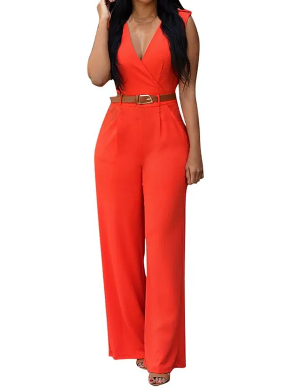 Pinkqueen Womens Wide Leg Jumpsuit V Neck Sleeveless Long Romper