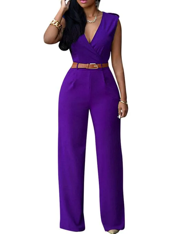 Pinkqueen Womens Wide Leg Jumpsuit V Neck Sleeveless Long Romper