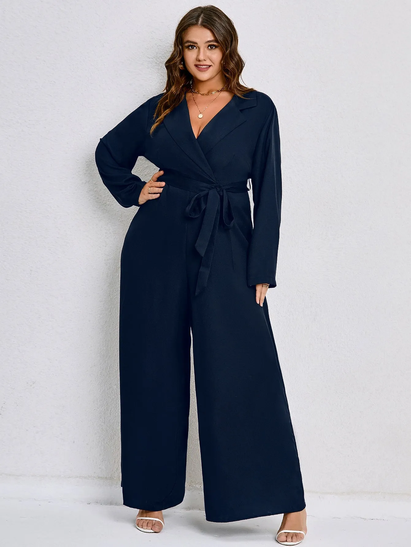 Plus Lapel Collar Belted Wide Leg Jumpsuit