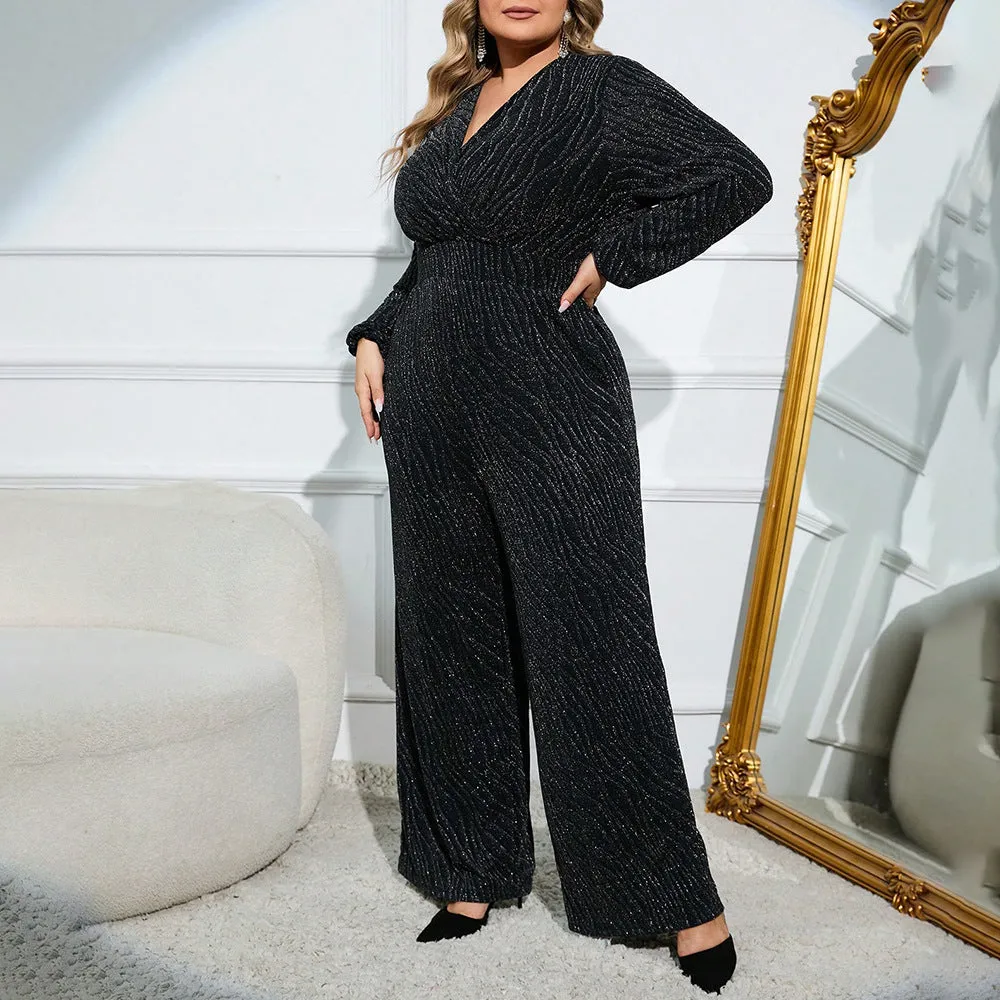 Plus Size V neck Wide Leg Long Sleeve Velvet Jumpsuit