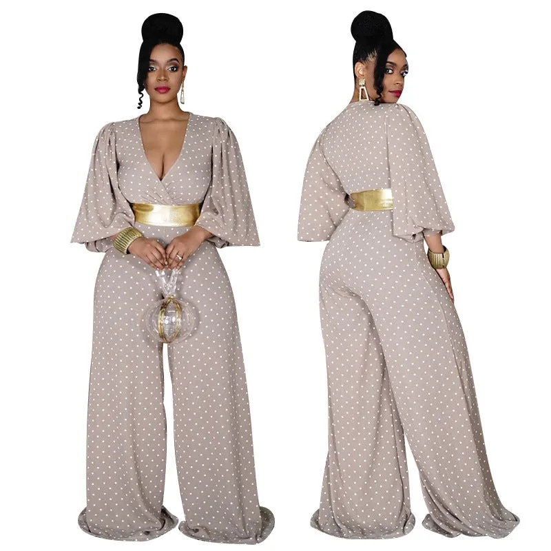 Plus Size V-neck Women Loose  Wide Leg Jumpsuit Printed Waist-Controlled Trousers