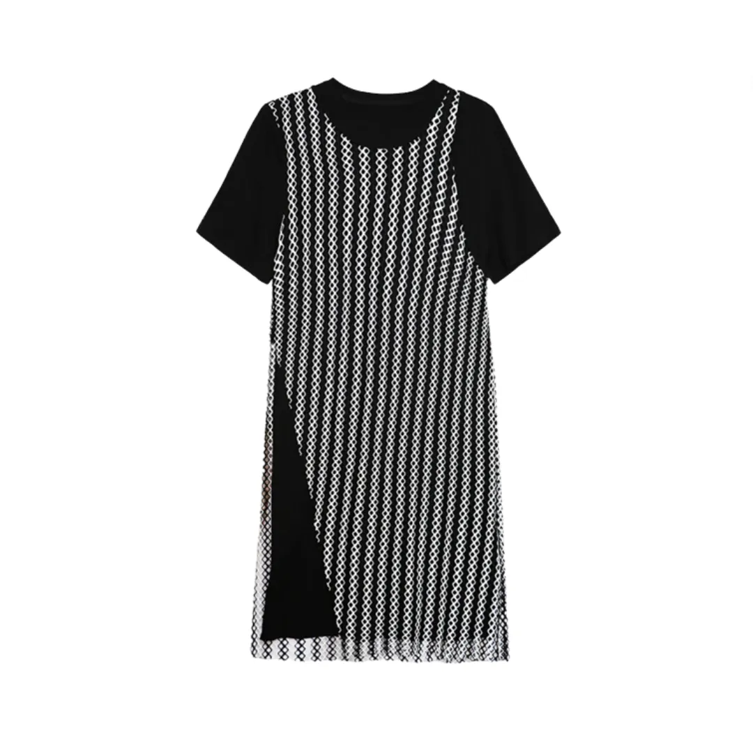 Pre Order: Irregular Striped Mesh Short Sleeved Midi Dress