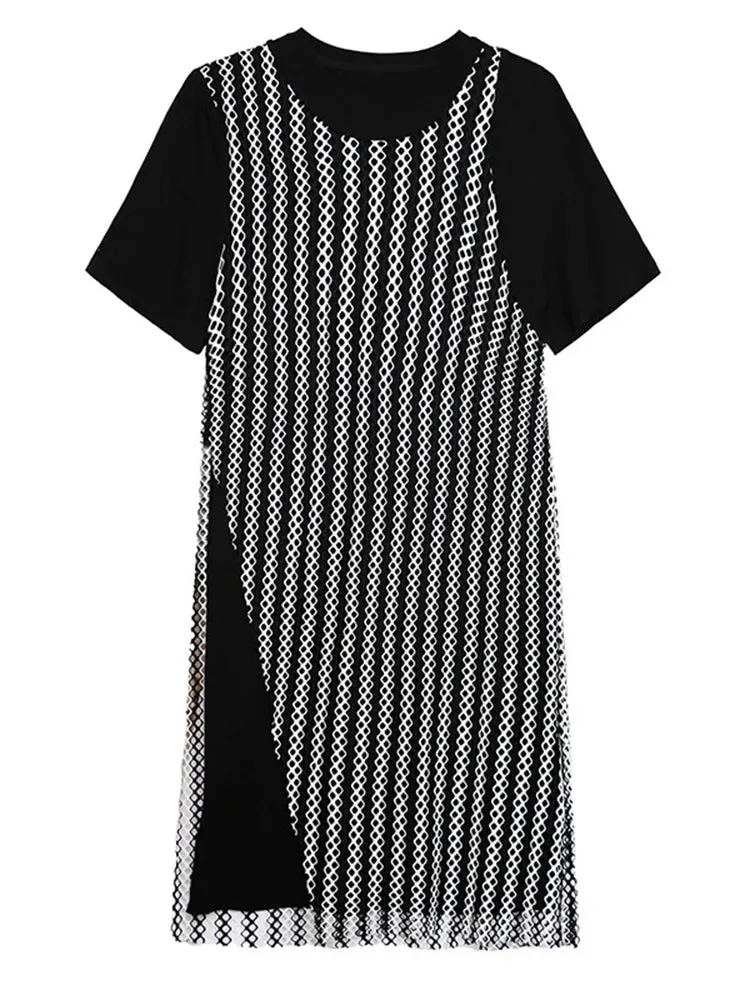 Pre Order: Irregular Striped Mesh Short Sleeved Midi Dress