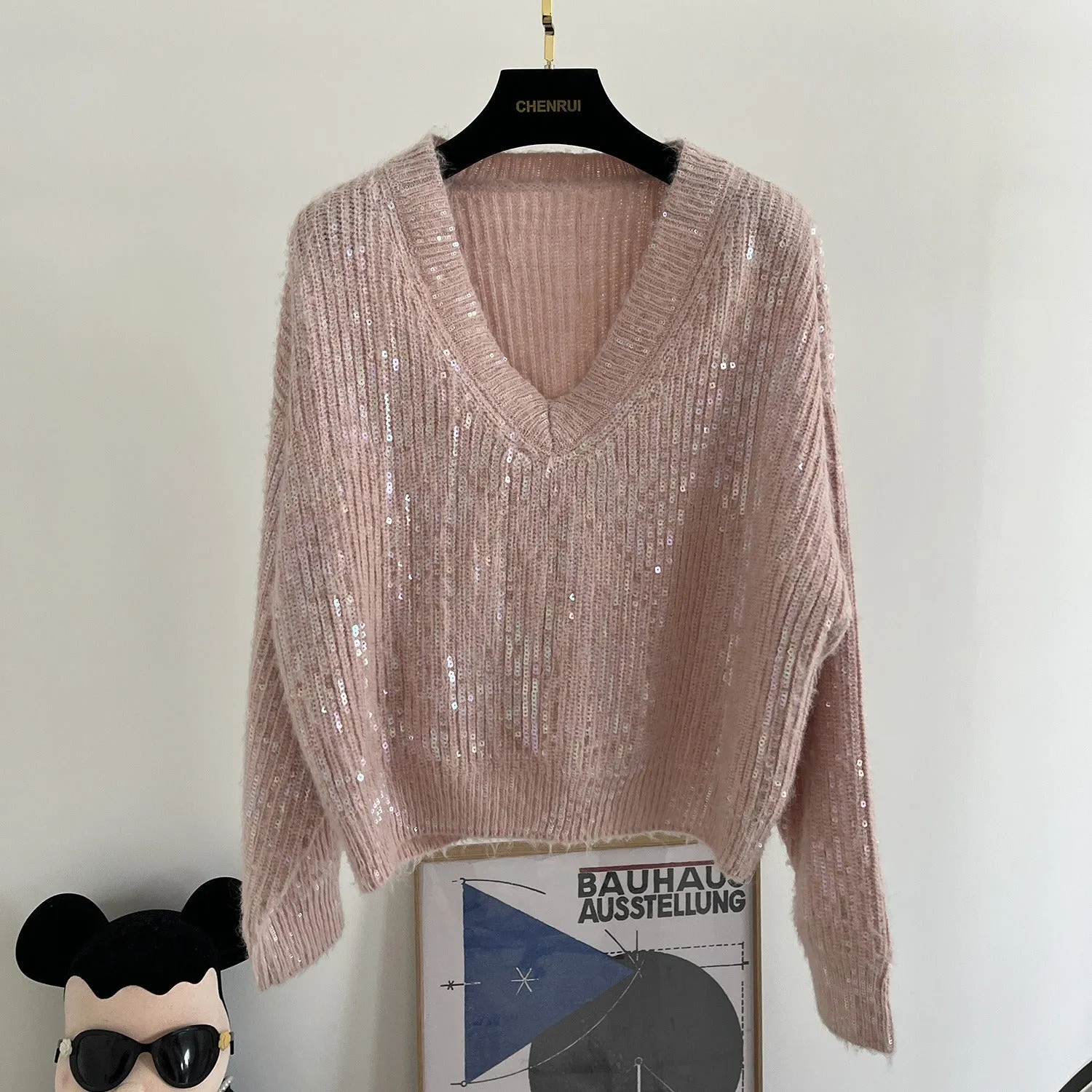 Pre Order:  Mohair Wool Blend V-neck Loose Sequined Sweater