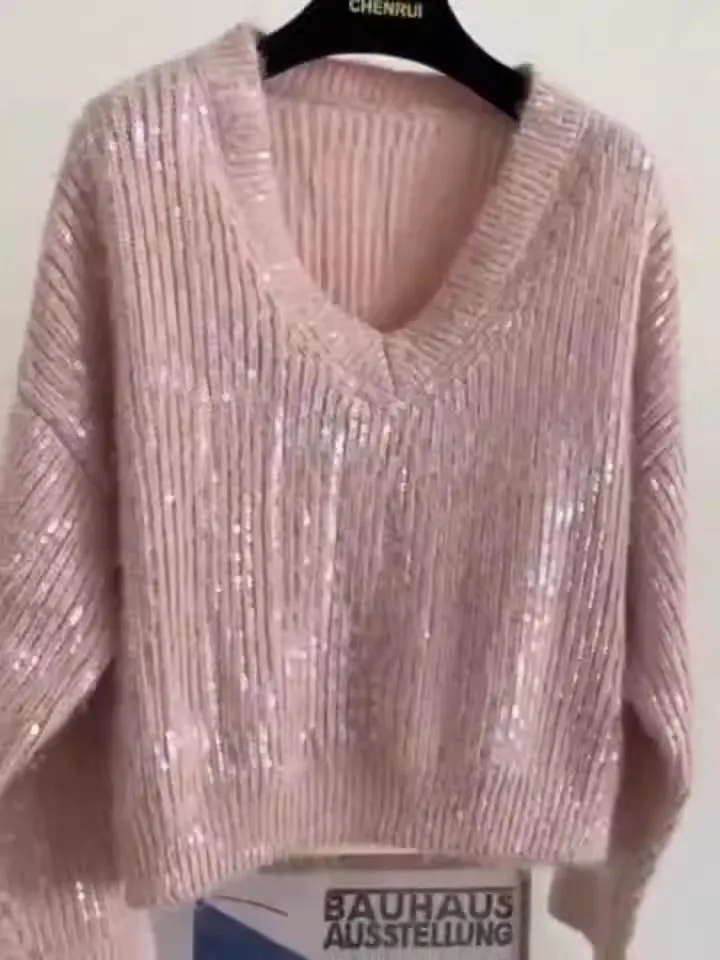 Pre Order:  Mohair Wool Blend V-neck Loose Sequined Sweater