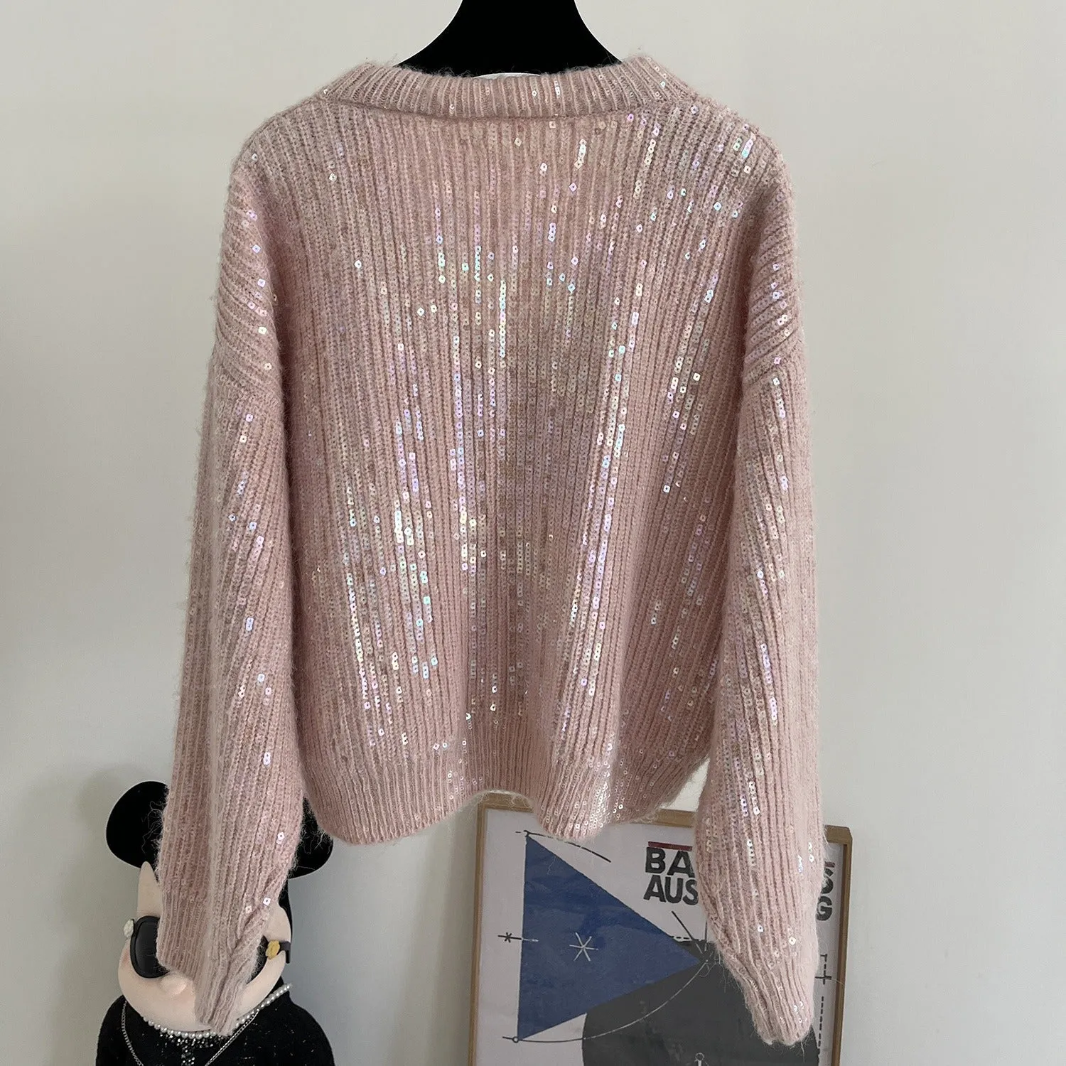 Pre Order:  Mohair Wool Blend V-neck Loose Sequined Sweater