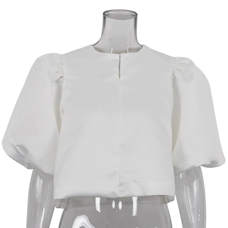 Pre Order:  Solid Bubble Sleeve Satin Blouse