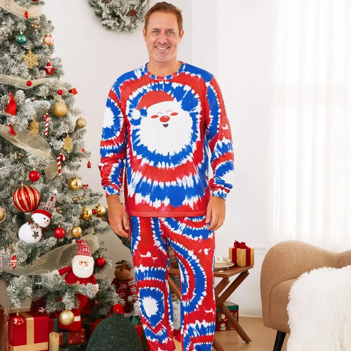 Red and Blue Tie Dye Santa Claus Pajamas for Family