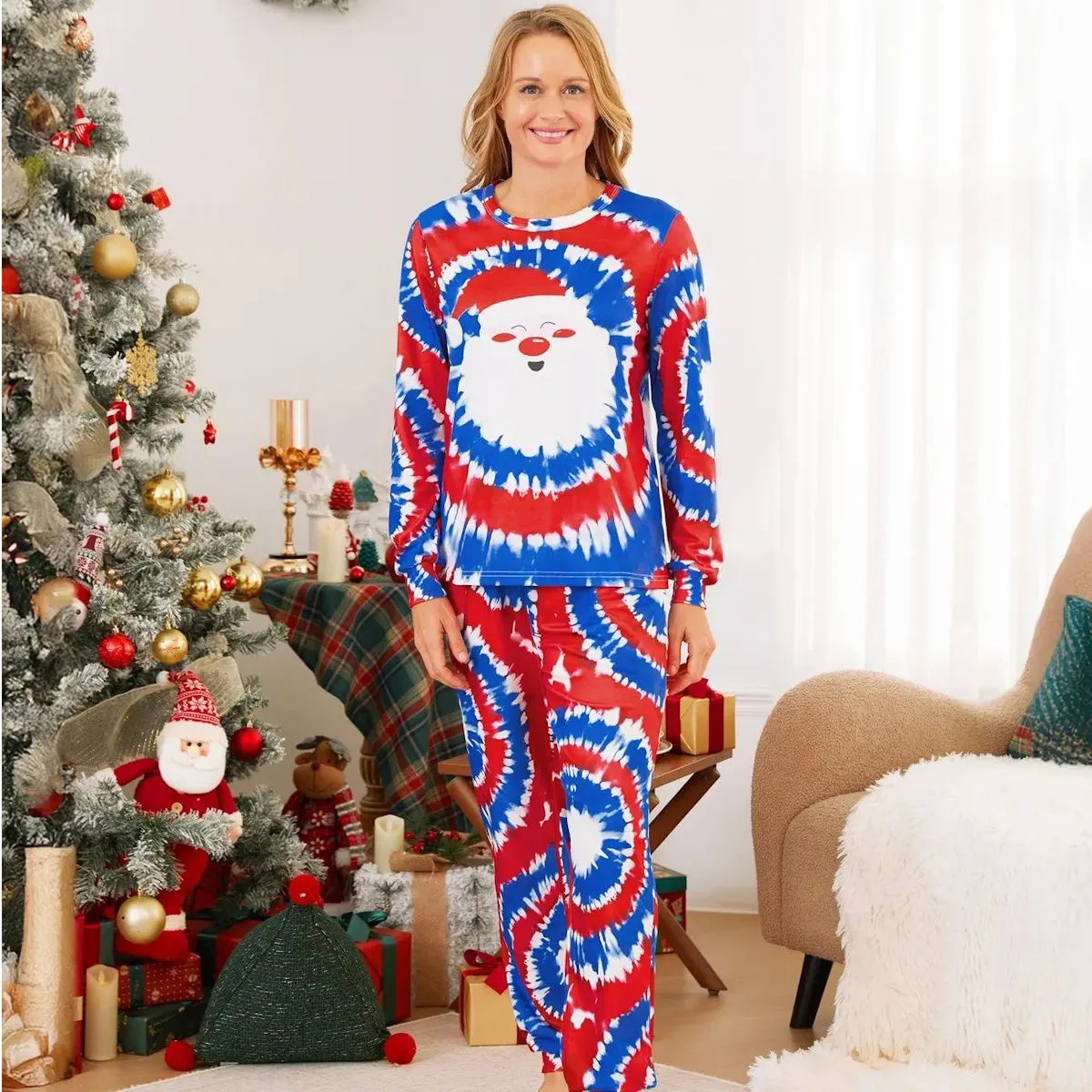 Red and Blue Tie Dye Santa Claus Pajamas for Family