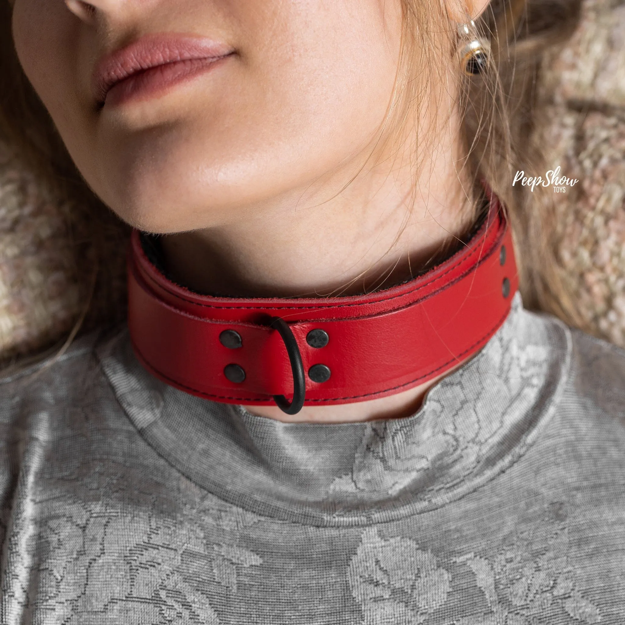 Red Leather Collar with Faux Fur - Real Leather