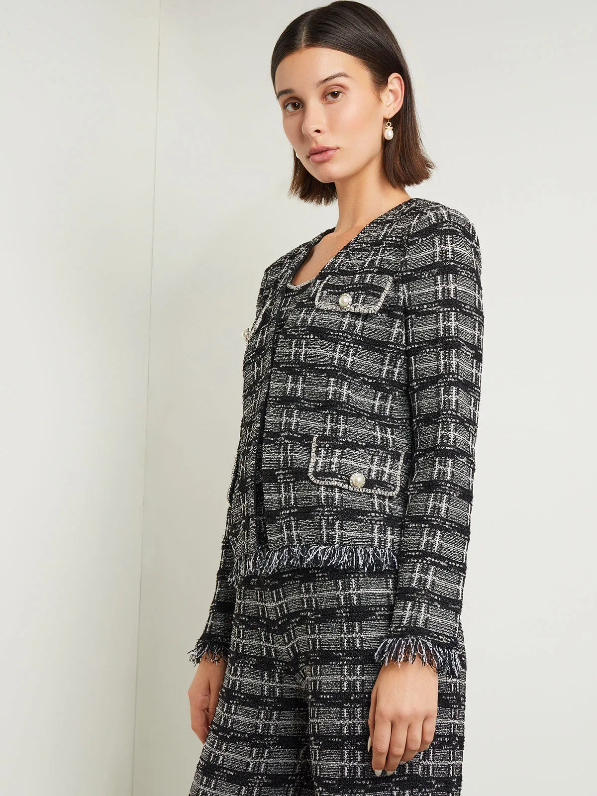 Rhinestone Accent Fringe Tweed Knit Jacket