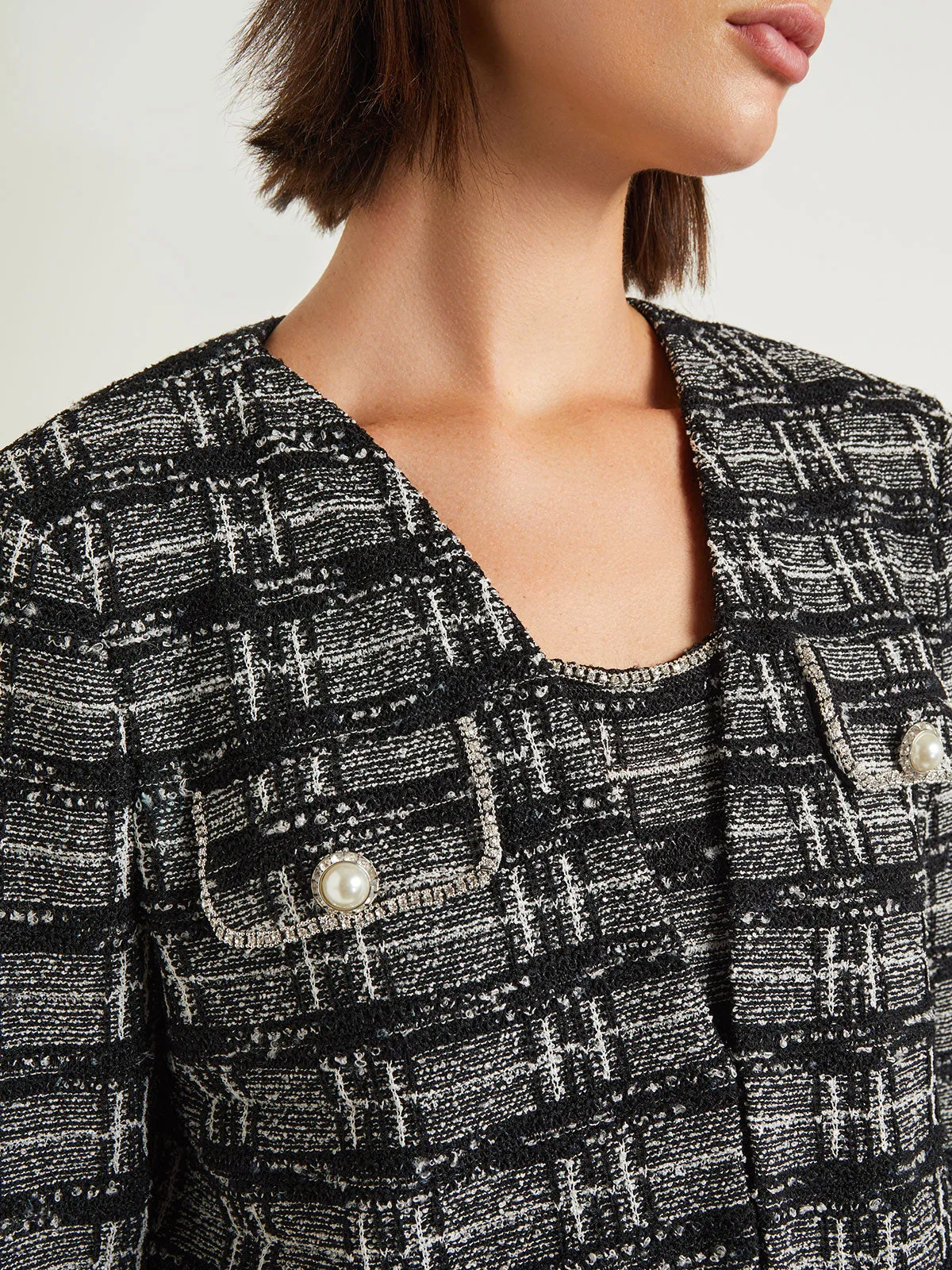 Rhinestone Accent Fringe Tweed Knit Jacket