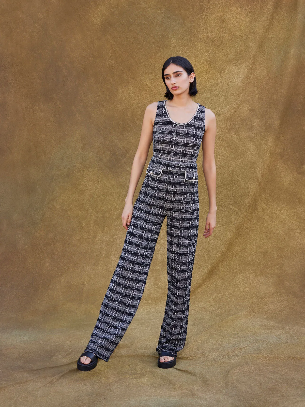 Rhinestone Accent Tweed Knit Jumpsuit