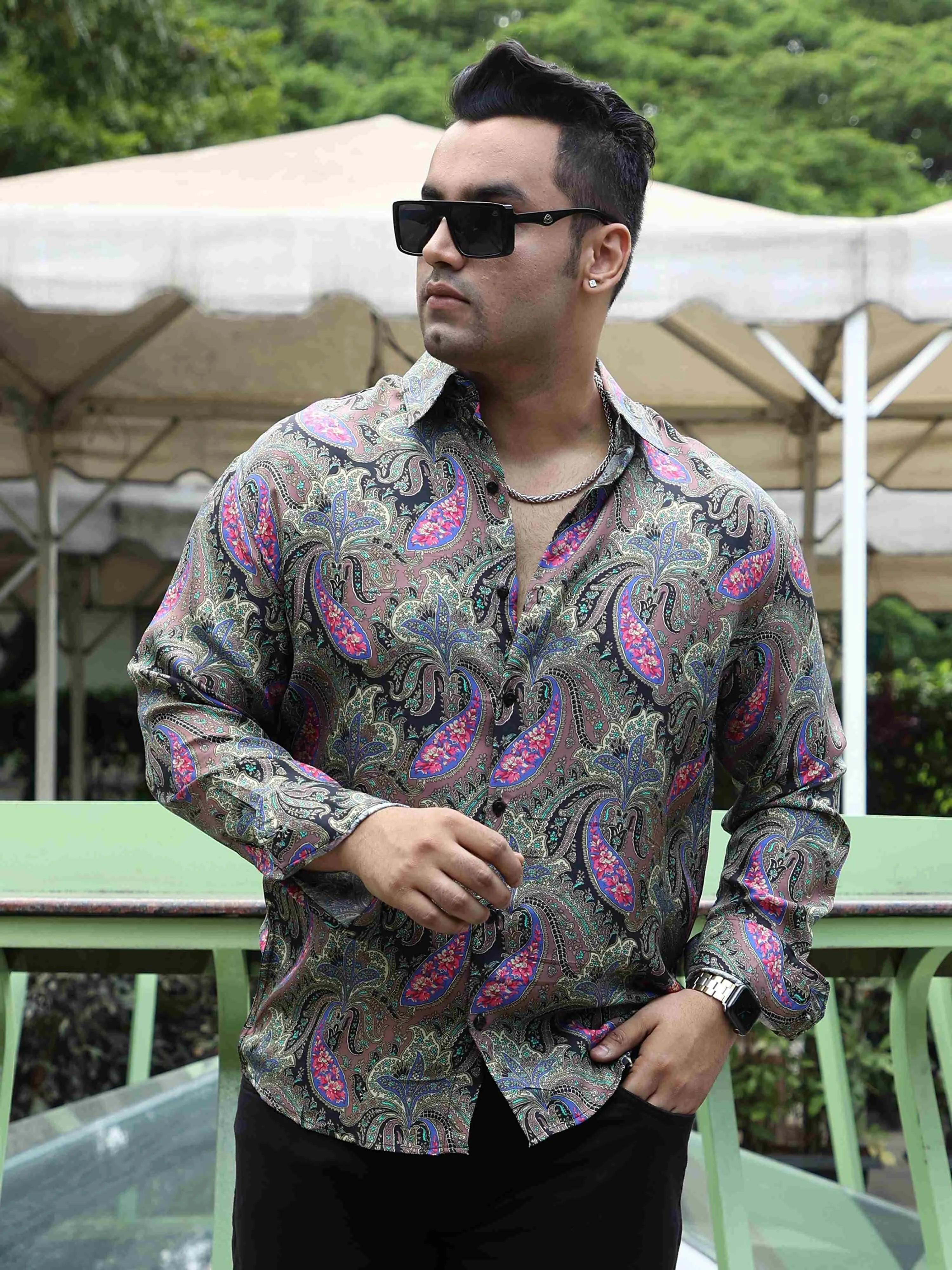 Rich Paisley Printed Silk Full Shirt Men's Plus Size