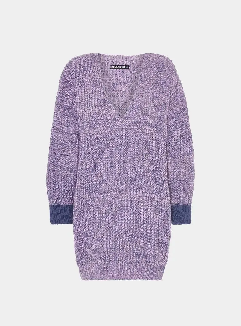 Rosie v Neck Twist Tunic Knit Jumper - Lilac