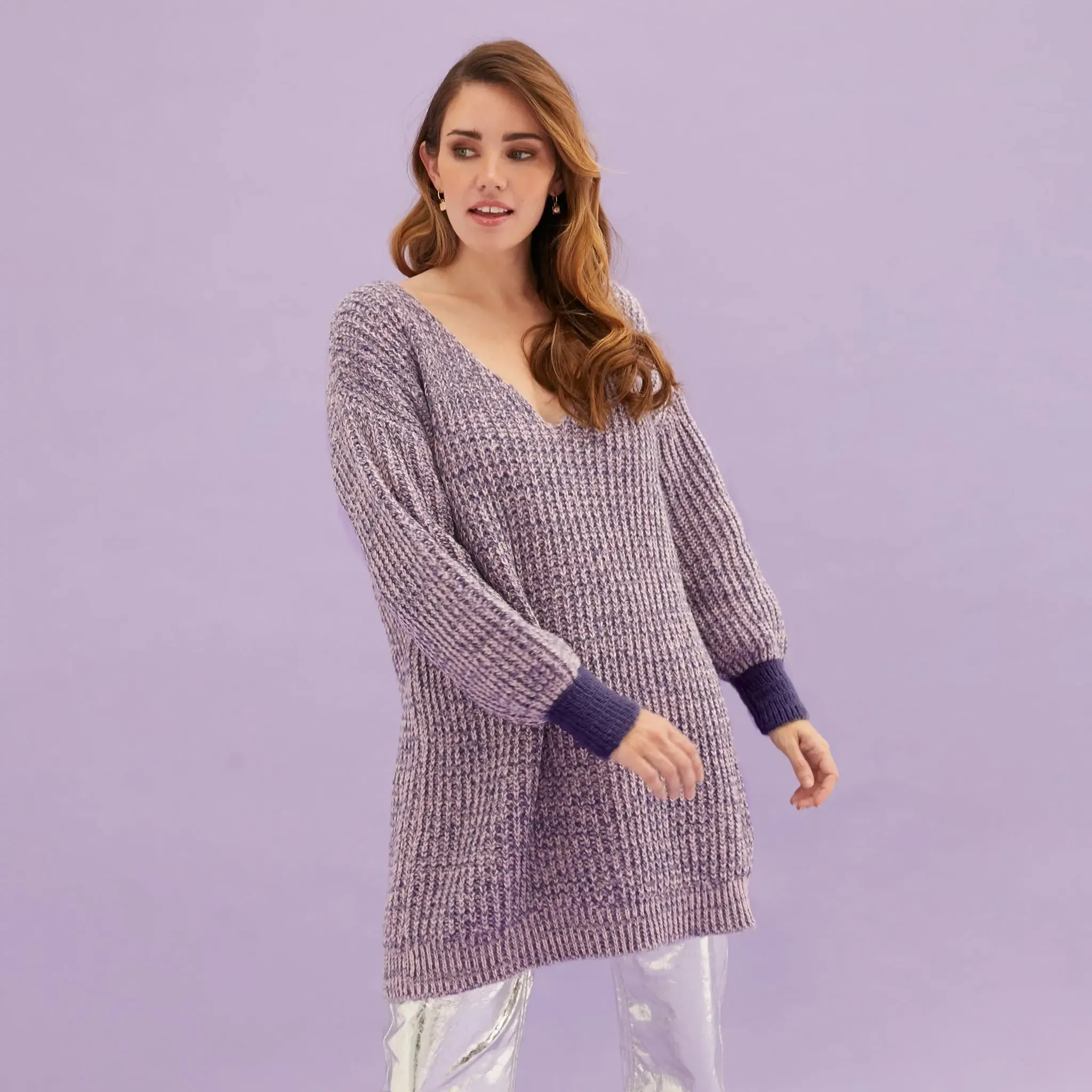 Rosie v Neck Twist Tunic Knit Jumper - Lilac