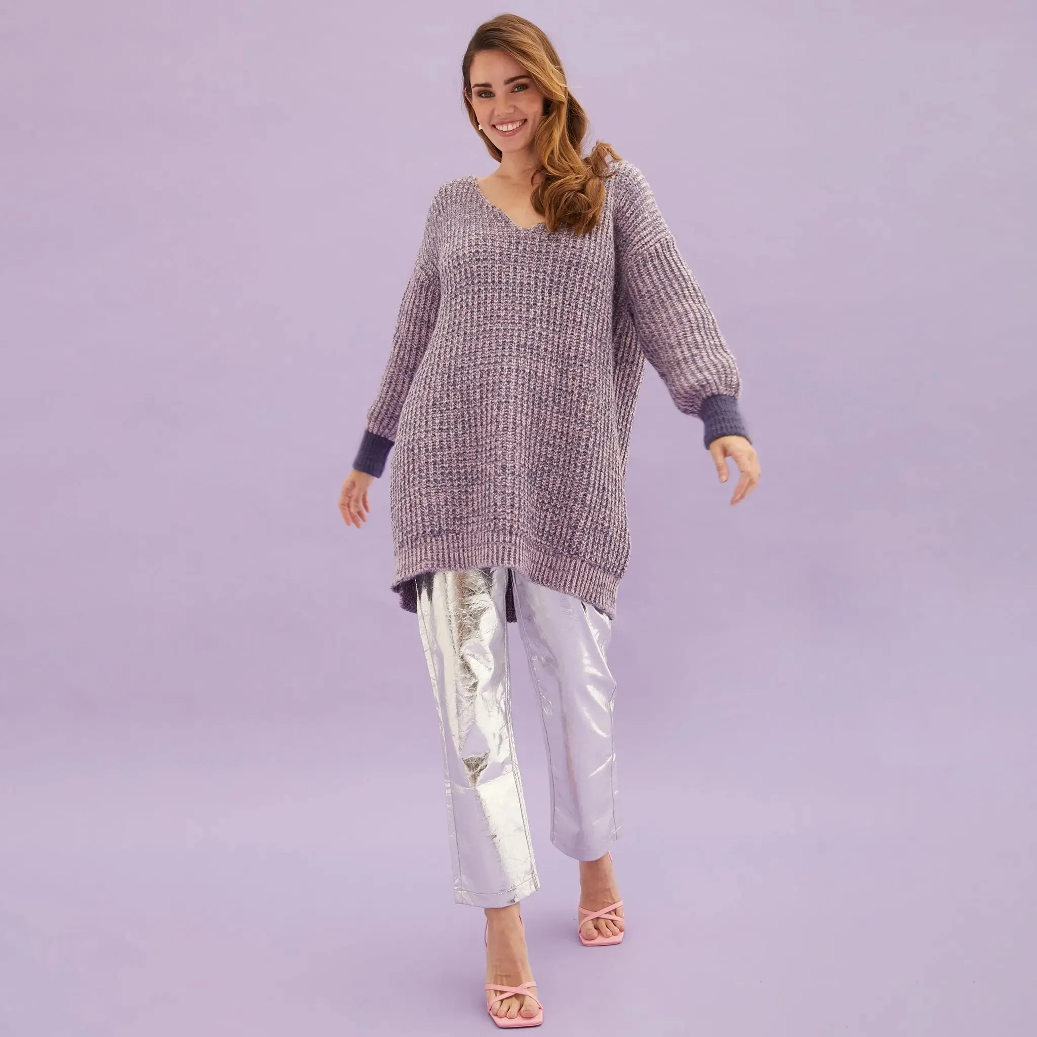 Rosie v Neck Twist Tunic Knit Jumper - Lilac