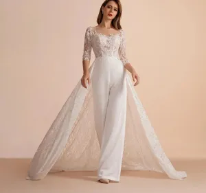 Scoop Half Sleeves Lace Wedding Party Jumpsuit  Gown Long Detachable Skirt