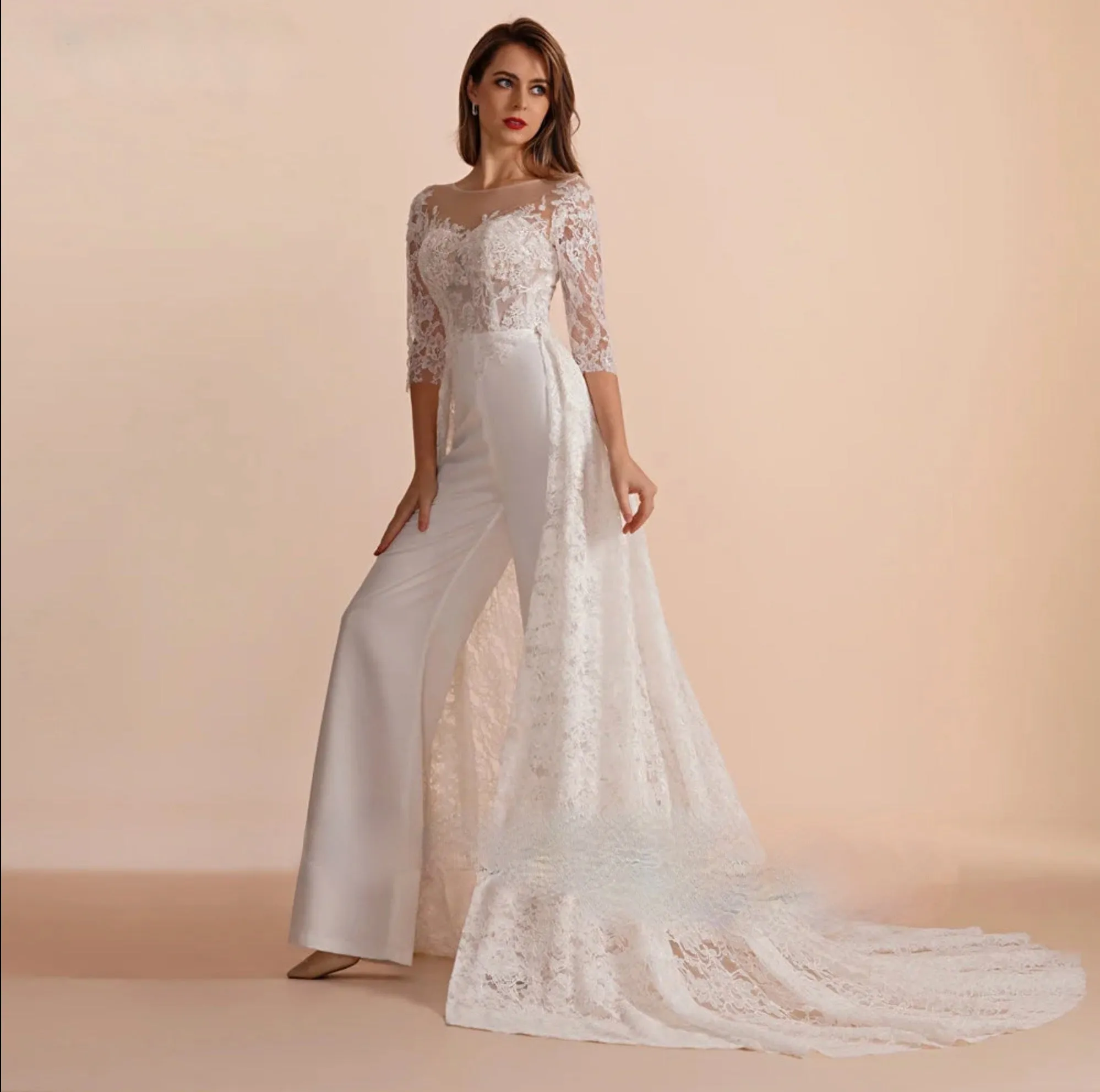 Scoop Half Sleeves Lace Wedding Party Jumpsuit  Gown Long Detachable Skirt