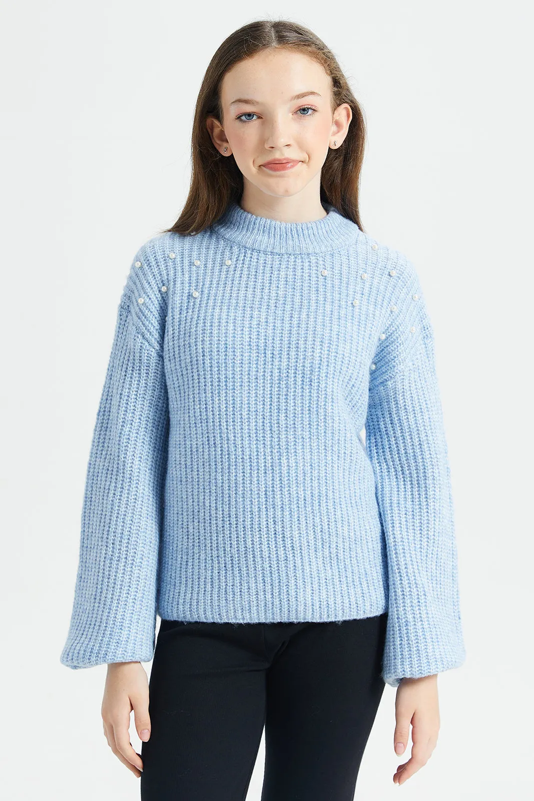 Senior Girls Blue High-Neck Pullover With Pearls