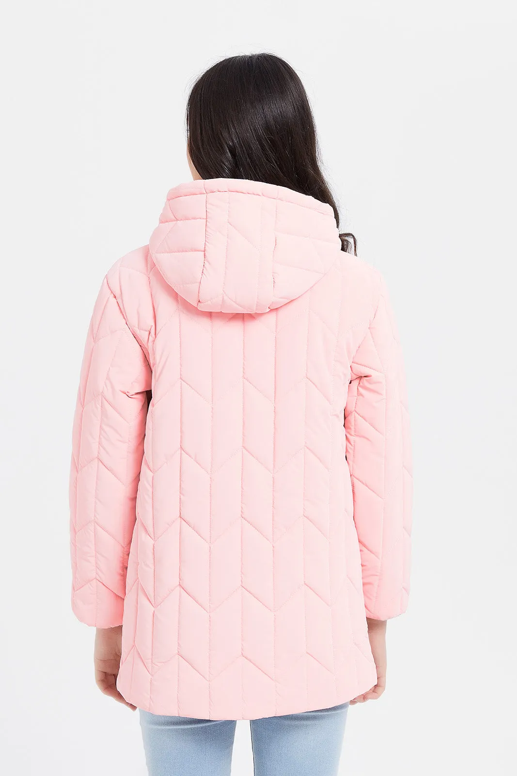 Senior Girls Pink Quilted Long-Line Jacket