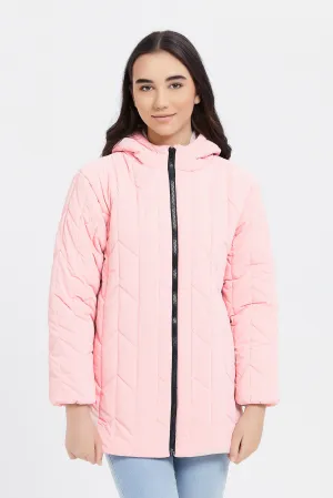 Senior Girls Pink Quilted Long-Line Jacket