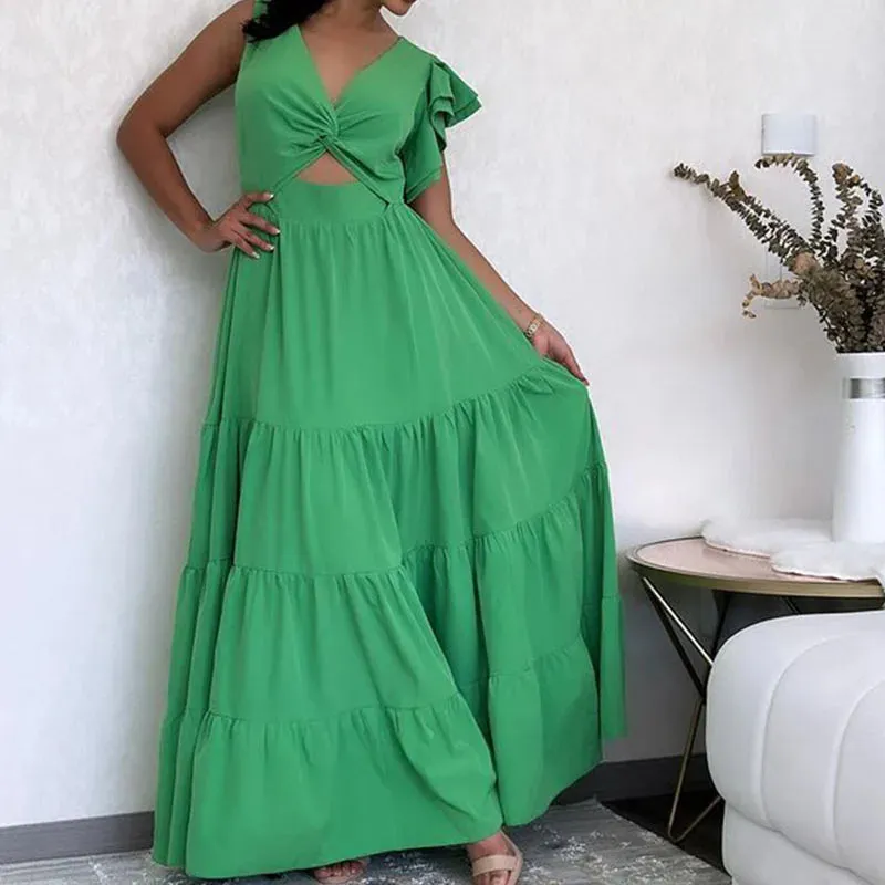 Sexy Loose Robe V-neck Hollow Out Ruffle Party High Waist Pleated Solid Summer Ladies Dress