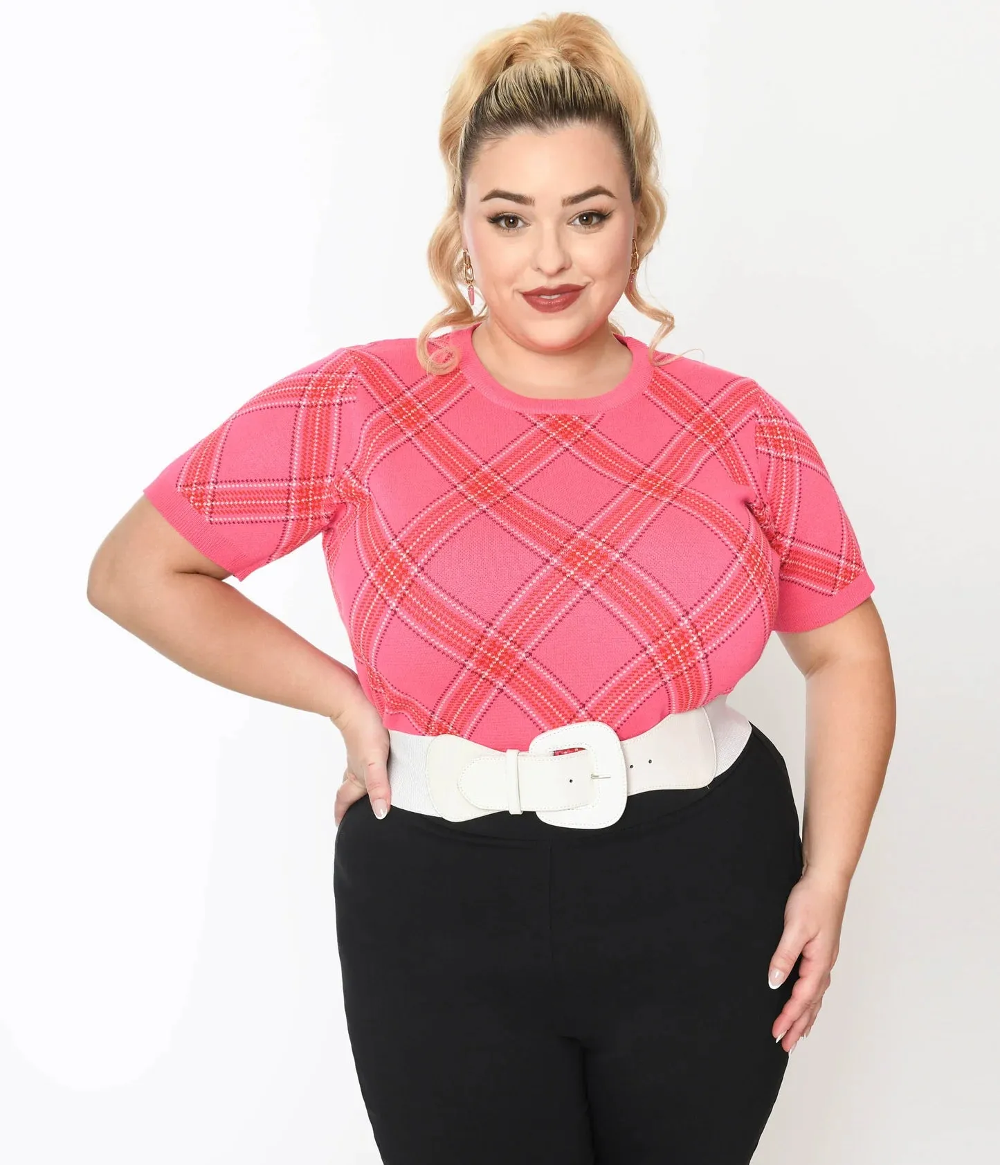 Short Sleeve Sweater in Pink & Red Plaid by Unique Vintage