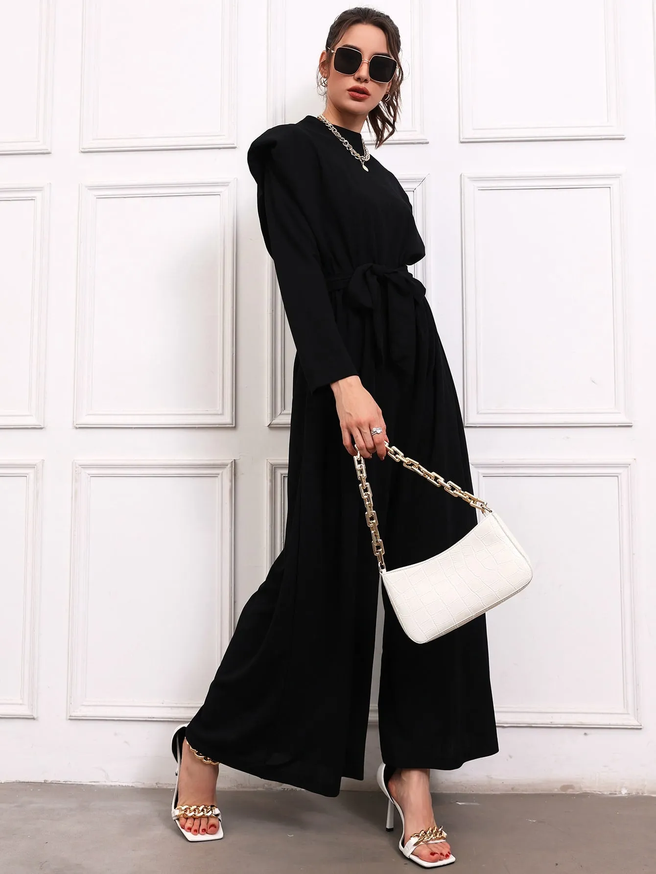 Shoulder Pads Belted Wide Leg Jumpsuit