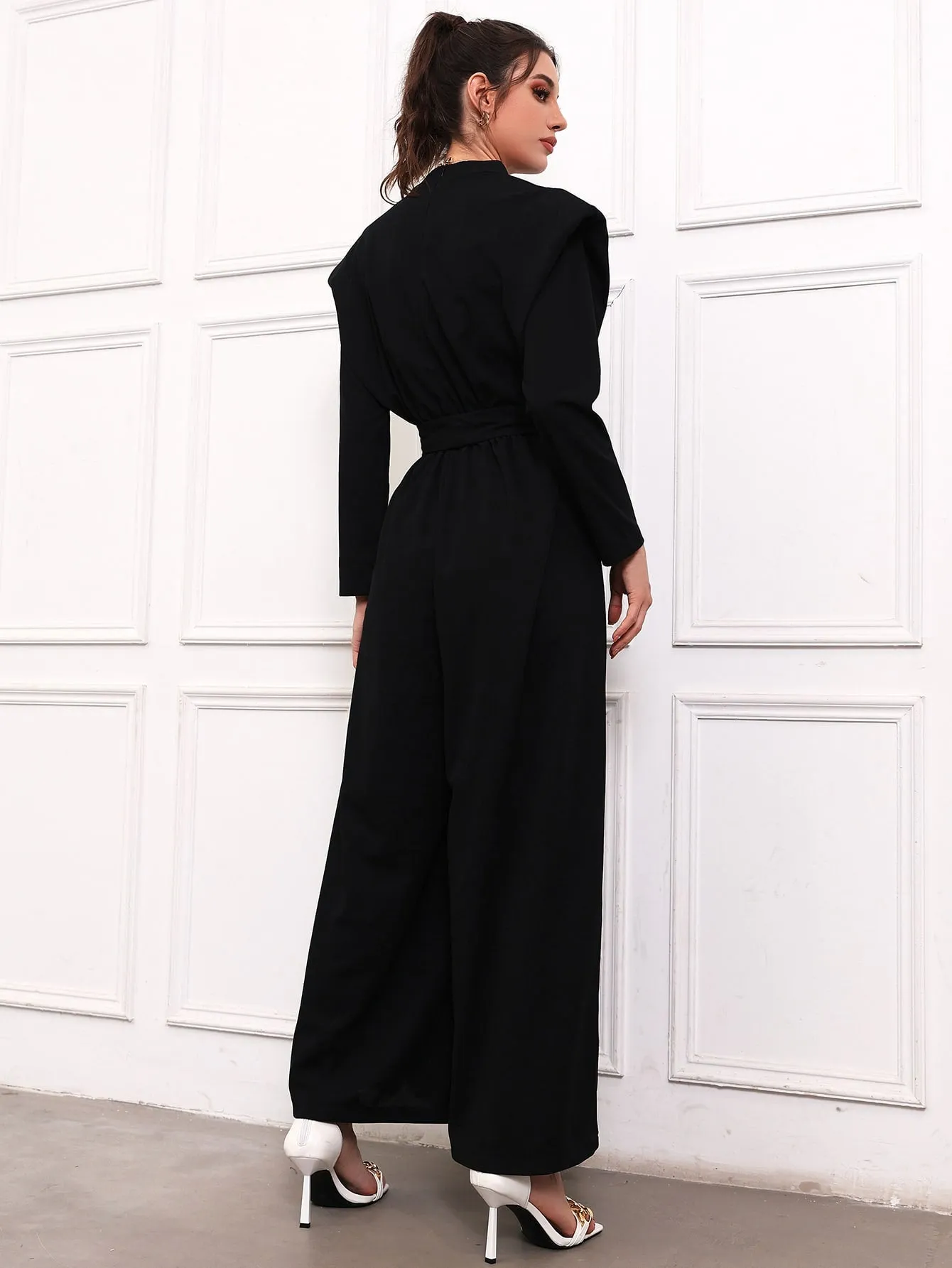 Shoulder Pads Belted Wide Leg Jumpsuit