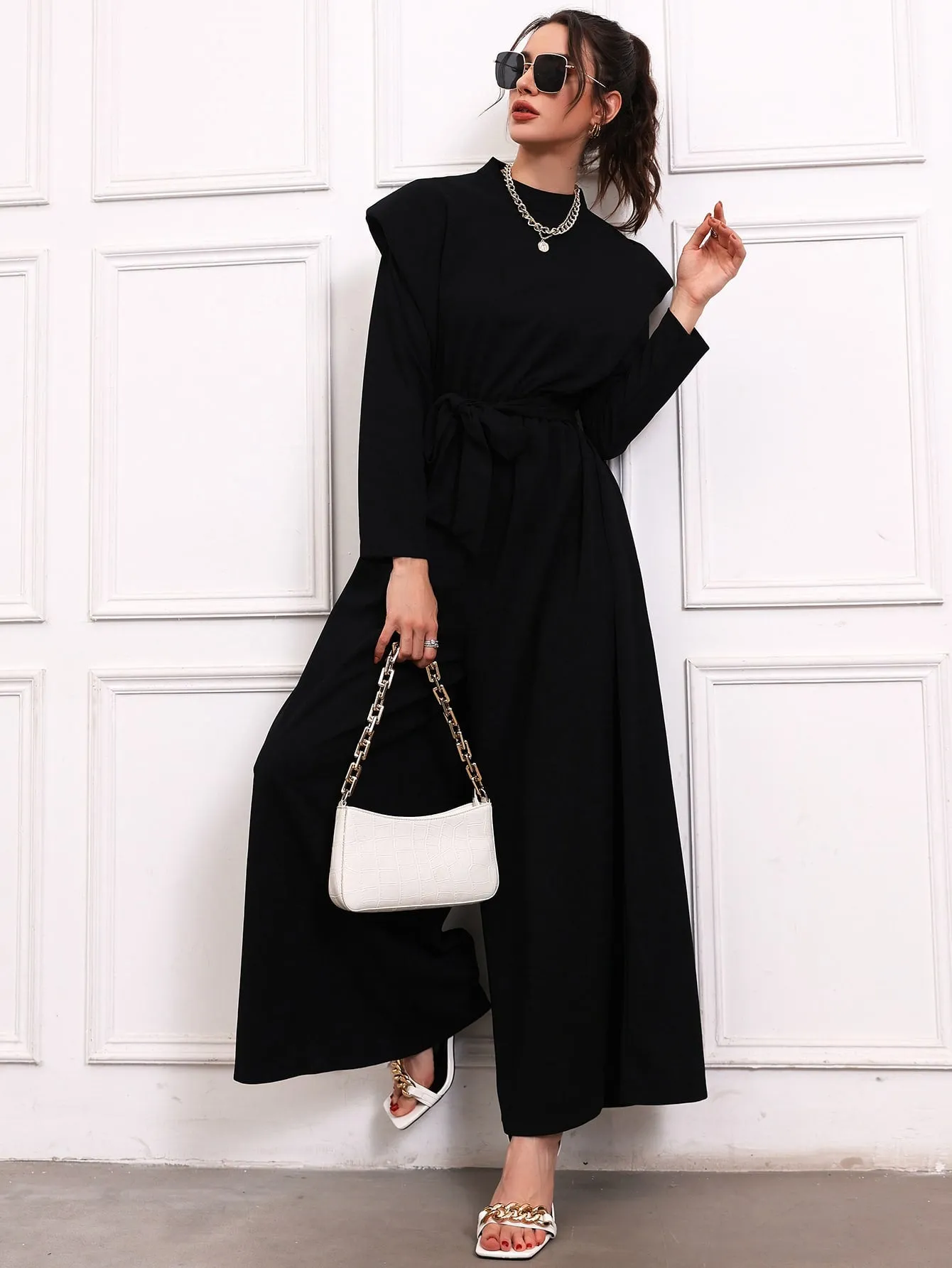 Shoulder Pads Belted Wide Leg Jumpsuit