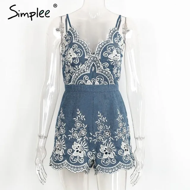 Simplee Embroidery v neck summer jumpsuit romper Strap elegant jumpsuit women floral playsuit 2017 sexy zipper short overalls