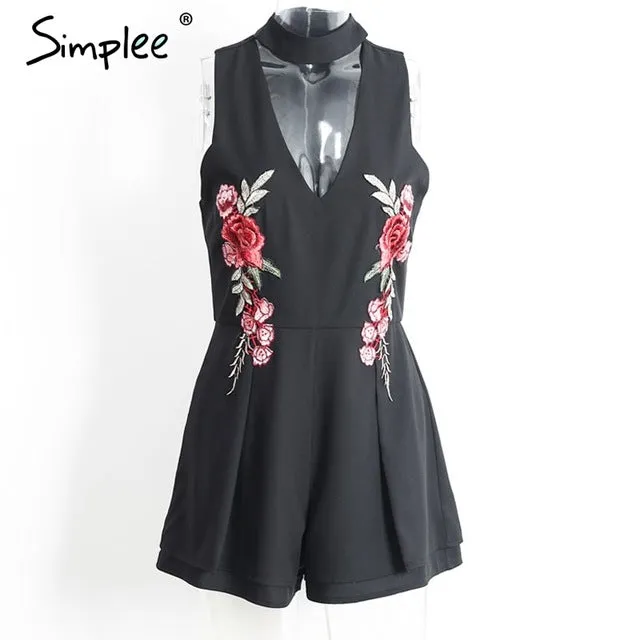 Simplee Halter elegant jumpsuit romper 2017 Hollow out embroidery playsuit for women deep v overalls short leotard