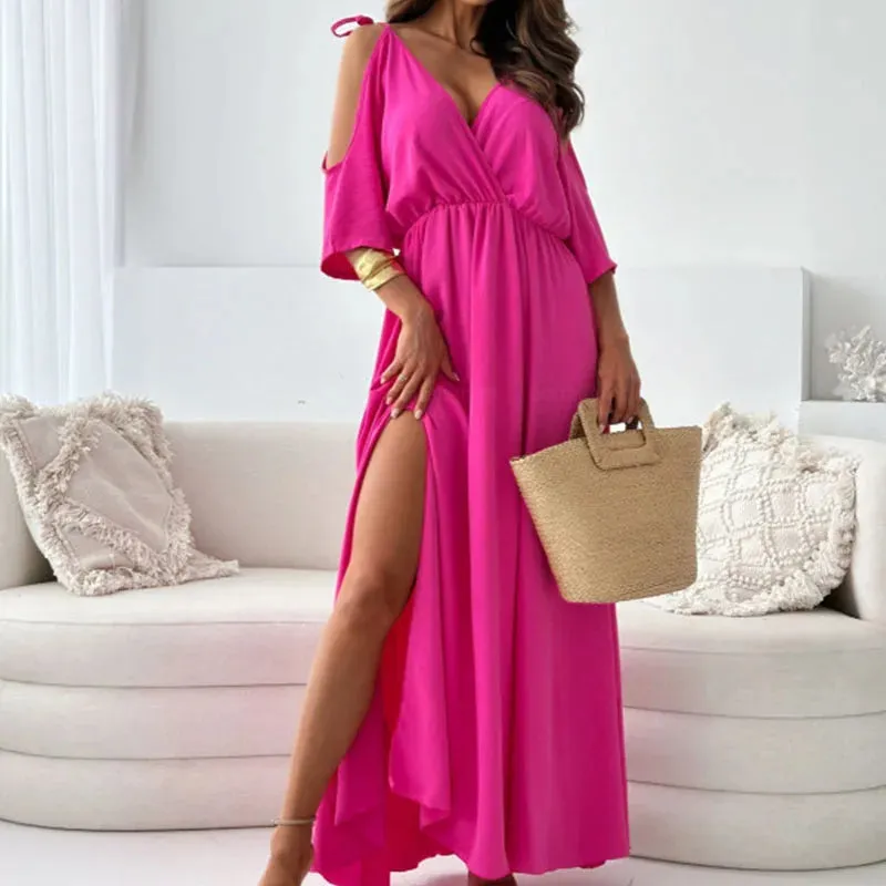 Sleeved,Long Sexy Lady V Neck Hollow High Waist Casual Solid Color Pleated Commuting Summer Loose Short Dress