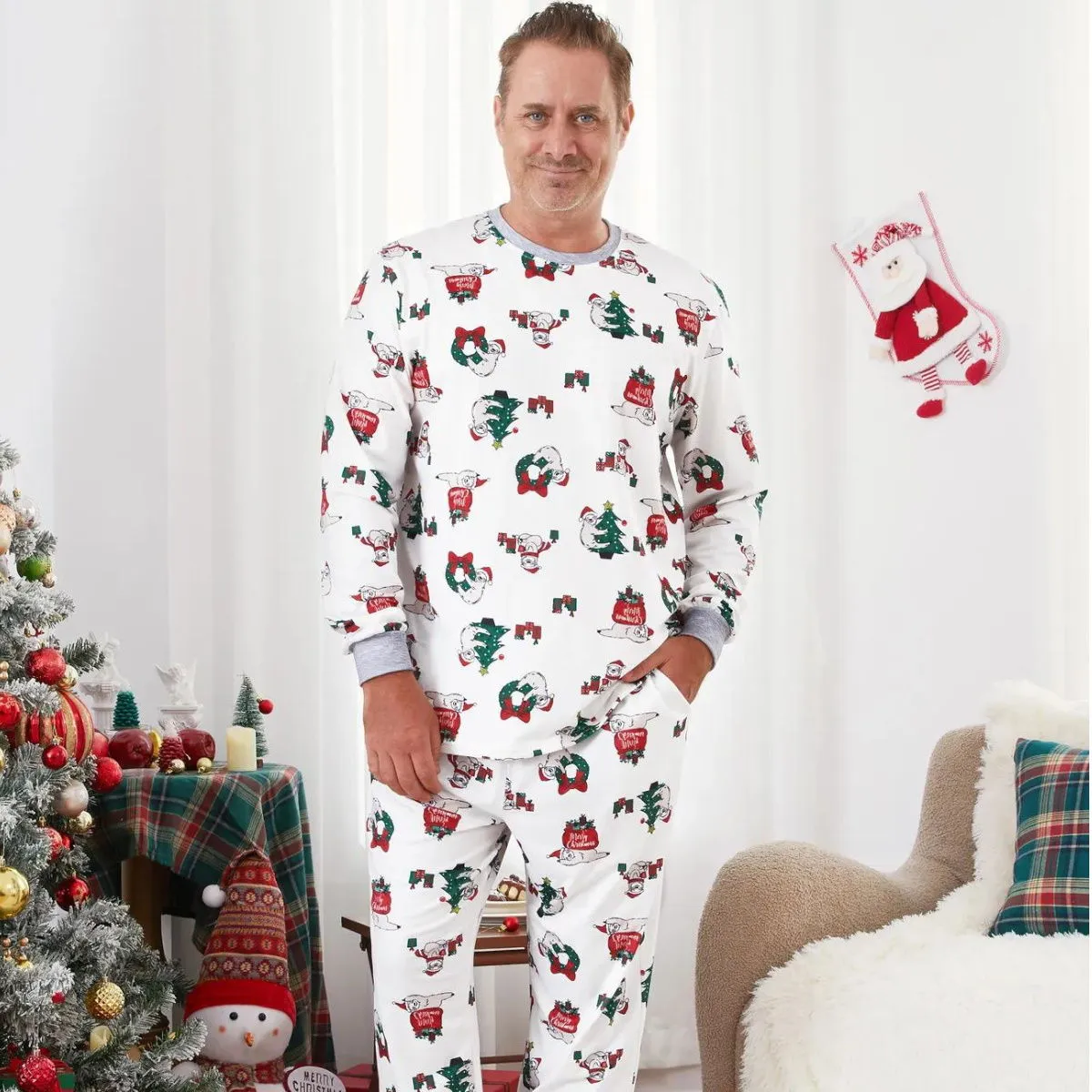 Sloth Family Christmas Pajamas Allover Christmas Pattern Wreath Gift