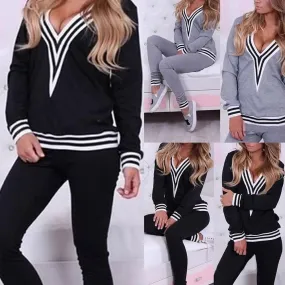 Soft Cotton V-Neck Striped Pullover and Pants Women's Tracksuits