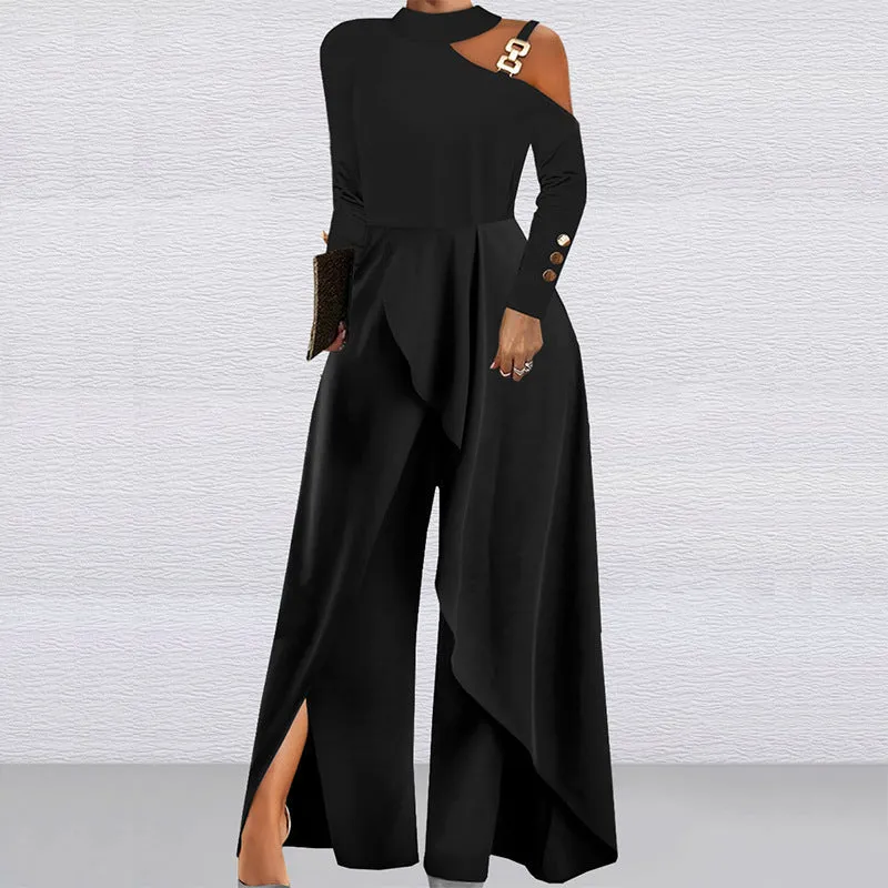 Solid Color Long Sleeved off Shoulder Women Elegant Party Wide Leg Jumpsuit