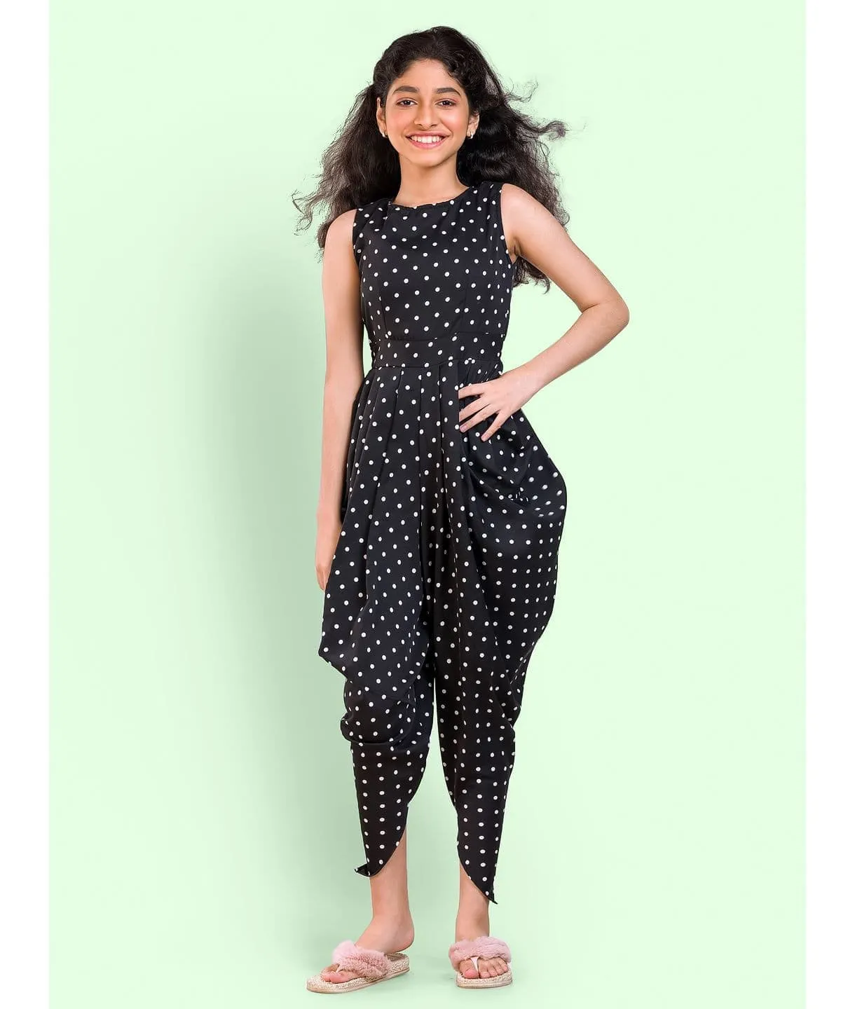 Solid Elasticated Dhoti Jumpsuit for Girls