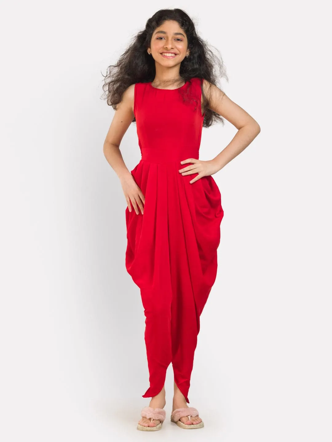 Solid Elasticated Dhoti Jumpsuit for Girls