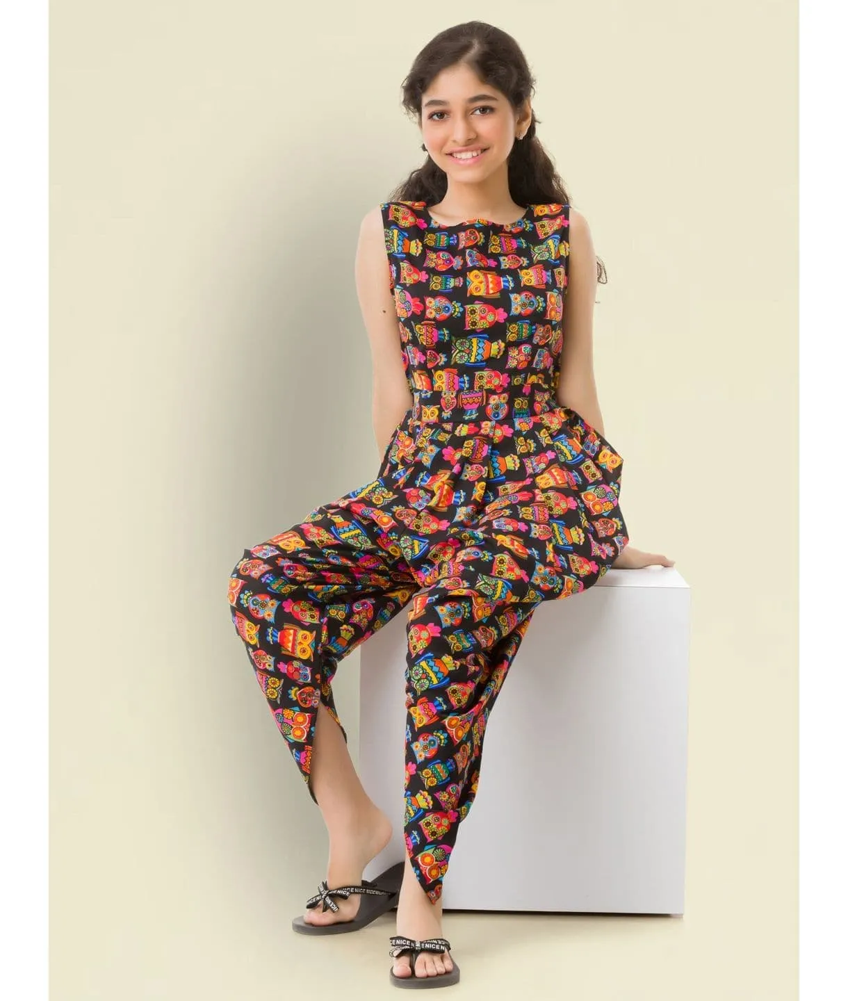 Solid Elasticated Dhoti Jumpsuit for Girls